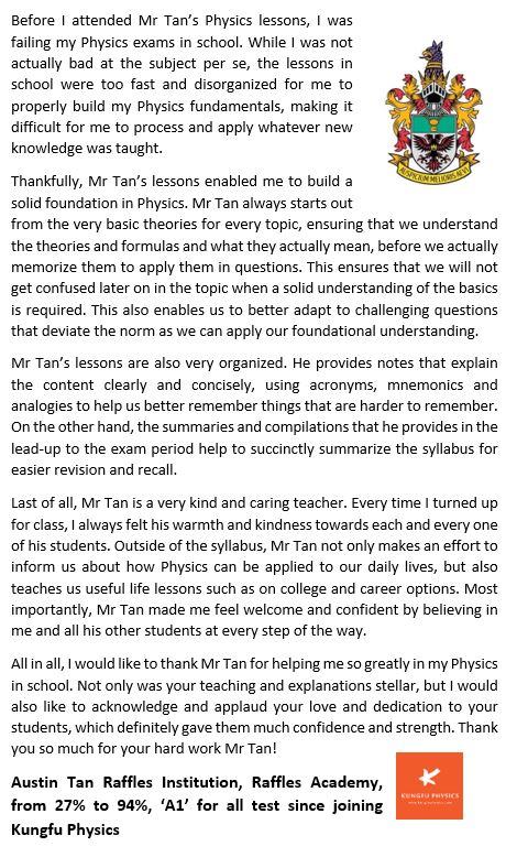 Raffles Institution student's testimonial for Kungfu Physics Tuition