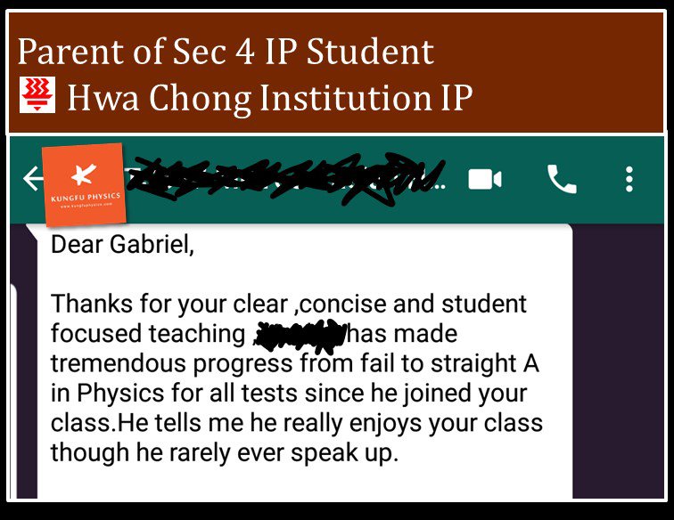Hwa Chong Institution Parent's Thank You msg to Kungfu Physics tuition